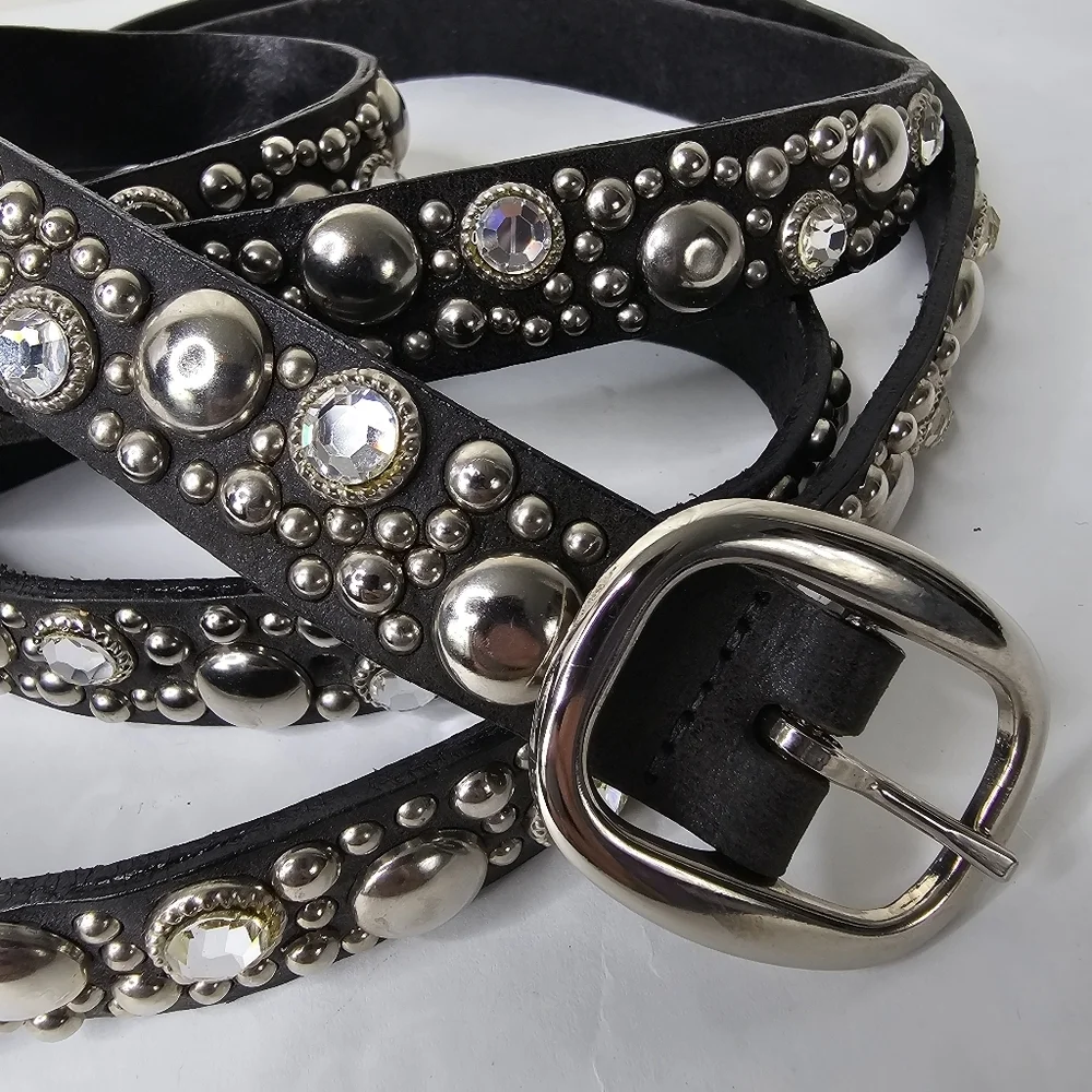 Streets Ahead Double Length Stud & Rhinestone Embellished Black Skinny Belt